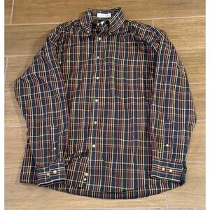 Enro Mens Non-Iron Poplin Plaid Button Down Shirt Navy Red Yellow Size M